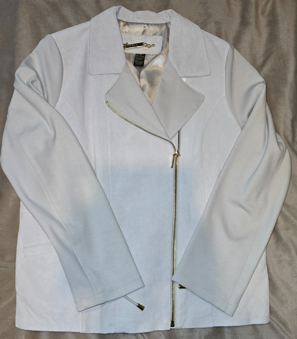 IMAN Size Large Jacket Off White Suede Leather Moto Zip Global Chic Premium EUC